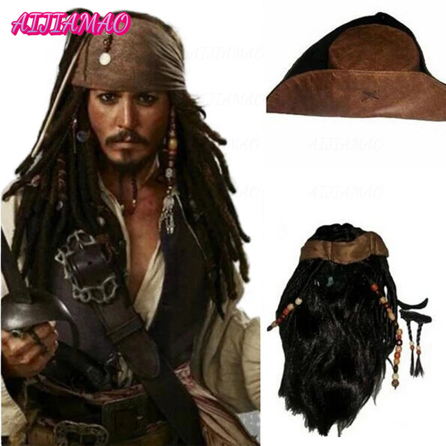 halloween costume for men adult pirate captain jack sparrow wigs hat  pirates of the caribbean cosplay